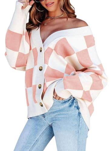 Dokotoo Womens Plaid V Neck Button Down Long Sleeve Cable Knit Oversized Cardigan Sweaters Tops | Amazon (US)