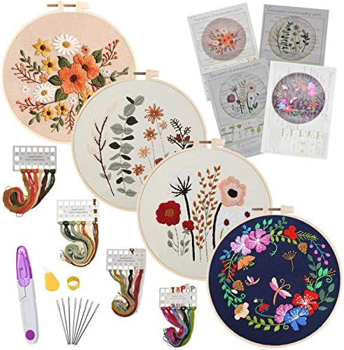 HANDYAY Embroidery Starter Kit with Pattern for Beginners, 4 Pack Cross Stitch Kits, 2 Embroidery... | Amazon (US)