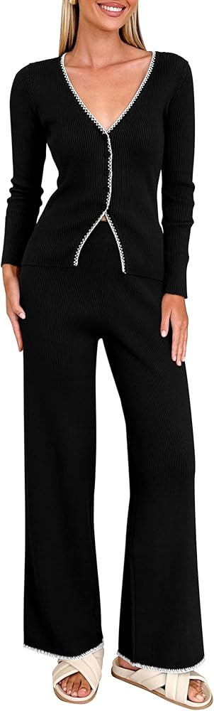 PRETTYGARDEN Women's 2 Piece Lounge Outfits Long Sleeve V Neck Button Top Wide Leg Pants Knit Swe... | Amazon (US)