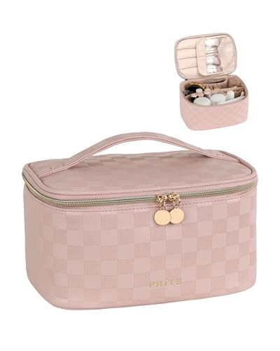 Prite Makeup Bag Portable Cosmetic Organizer with Brush Holder Waterproof Travel Toiletry Bag for Women with Handle and Divider (Checkered Pink) | Amazon (US)
