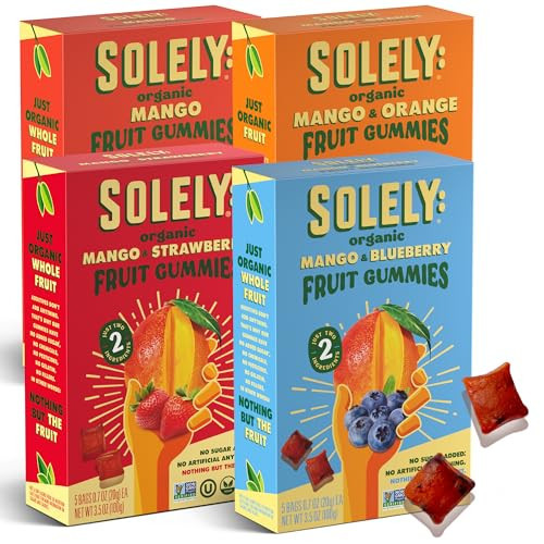 SOLELY - Organic Mango Whole Fruit Gummies Variety Pack (4 Flavors, 5 Bags per Box) - Real Fresh Fruit - Healthy Snacks for Adults & Kids - Non GMO, Vegan Snacks, Shelf Stable - 20 Bags (3.5 oz) | Amazon (US)