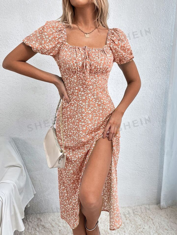 SHEIN Privé Ditsy Floral Print Knot Front Split Thigh Dress | SHEIN