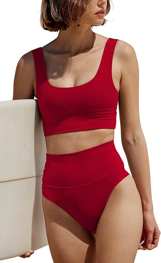 Women's High Waisted Bikini Sets Sporty Two Piece Swimsuits Middle High Cut Bathing Suits | Amazon (US)