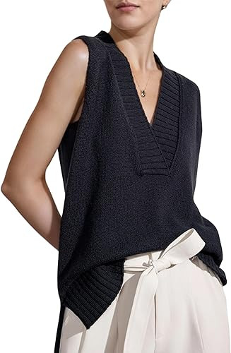 Daacee Women's V Neck Sweater Vest Casual Summer Loose Side Slit Sleeveless Pullover Knit Tank Su... | Amazon (US)