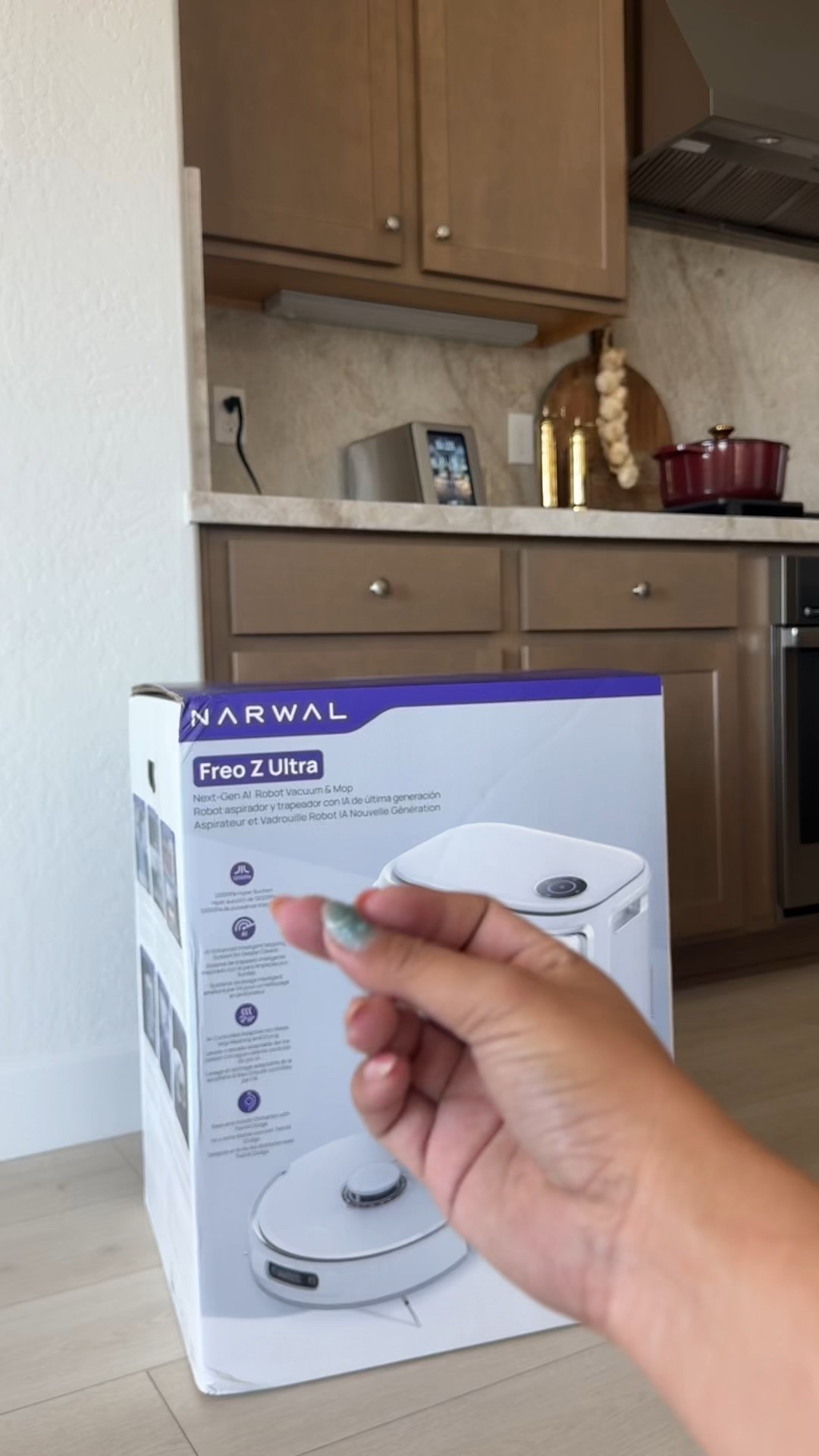 My narwhal robot Freo Z Ultra all in one cleaning hub vacuums and mops all types of floors and vacuumed all types of carpets and rugs! I love that it self cleans, self washes and self empties. The less I have to do, the better right? 🫧🧼