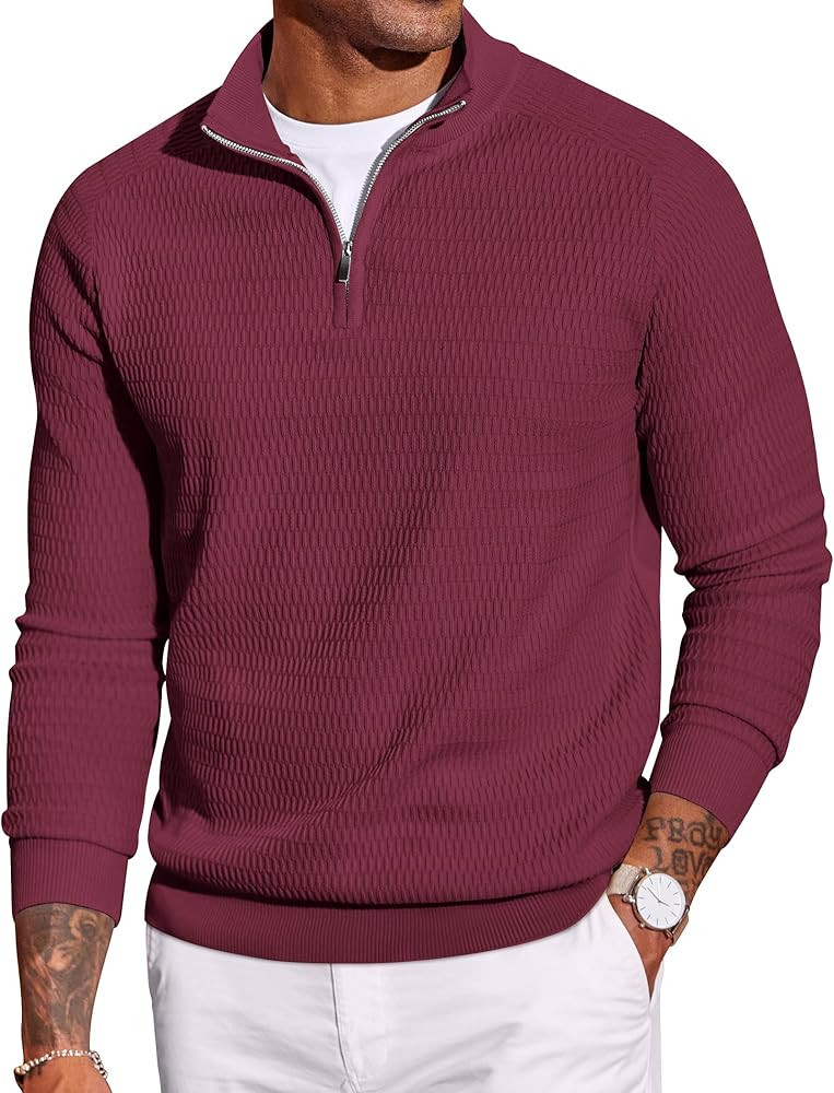 COOFANDY Men's Quarter Zip Sweater Slim Fit Lightweight Mock Neck Pullover Knit Texture Polo Swea... | Amazon (US)