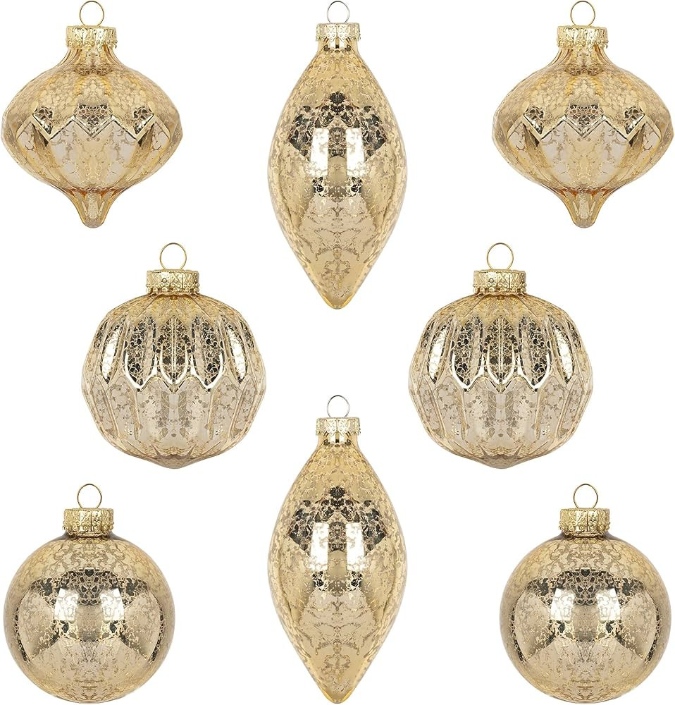 KI Store Mercury Glass Christmas Ornaments Set of 8 Champagne Gold Hanging Christmas Balls Finial... | Amazon (US)