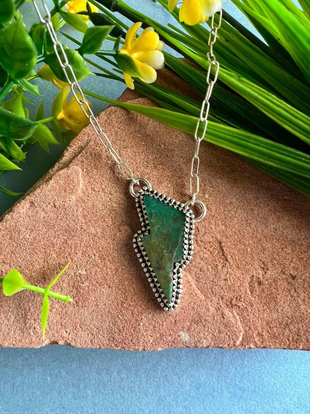 Cerrillos Turquoise & Sterling Silver Lightning Bolt Pendant Necklace 18'' Long - Etsy | Etsy (US)