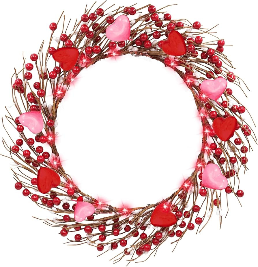 [ Timer ] Valentines Day Handmade 16” Wreath Decor with 20 Red Lights and Red Pink Heart Berrie... | Amazon (US)