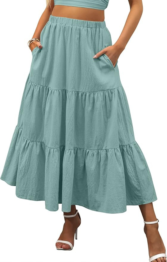 ANRABESS Women’s Summer Boho Elastic Waist Pleated A-Line Flowy Swing Tiered Long Beach Skirt D... | Amazon (US)