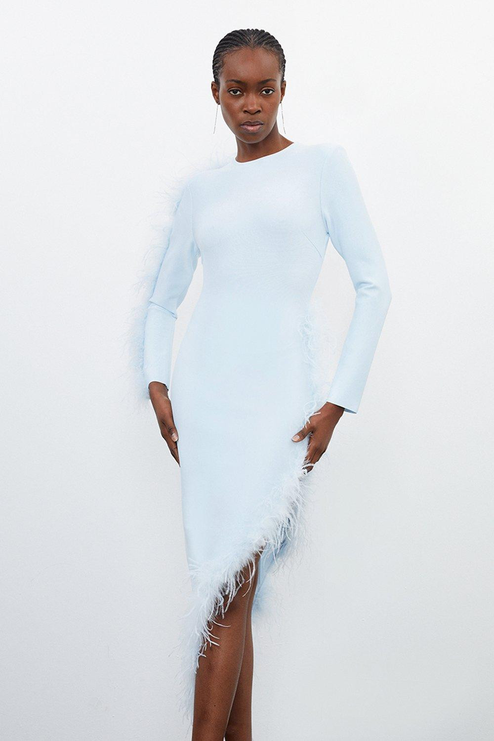 Figure Form Bandage Knit Split Feather Hem Midi Dress | Karen Millen | Karen Millen US