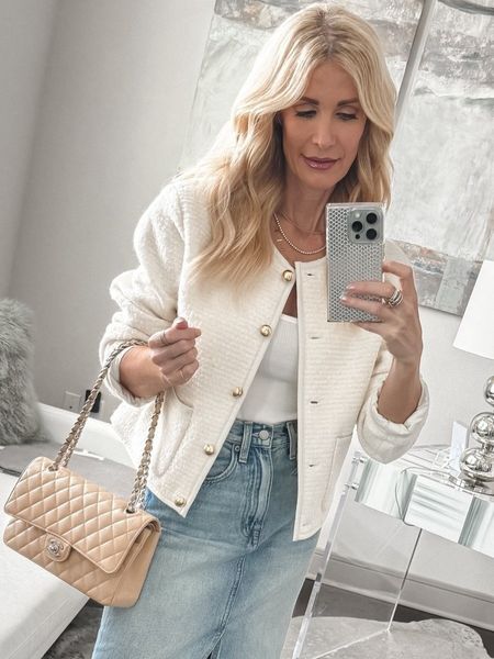 This gorgeous Chanel inspired Ivory tweed jacket is the perfect third layer for this spring outfit 🤍✨I’m wearing an XS.

#LTKSeasonal #LTKover40 #LTKstyletip