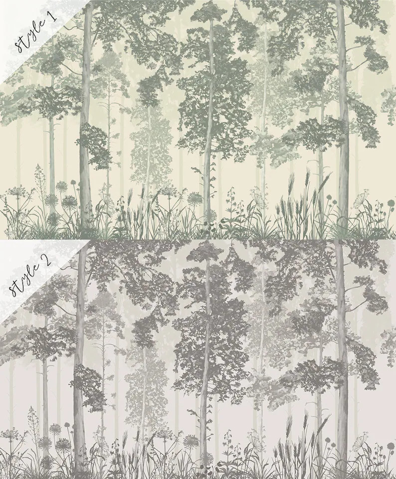 Tree Wallpaper Peel and Stick Monochrome Forest Landscape Silhouette Wall Mural | Etsy (US)