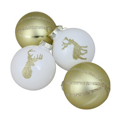 Northlight Reindeer and Striped Christmas Glass Ball Ornaments - 2.75" (69mm) - Gold and White - 4pc | Target