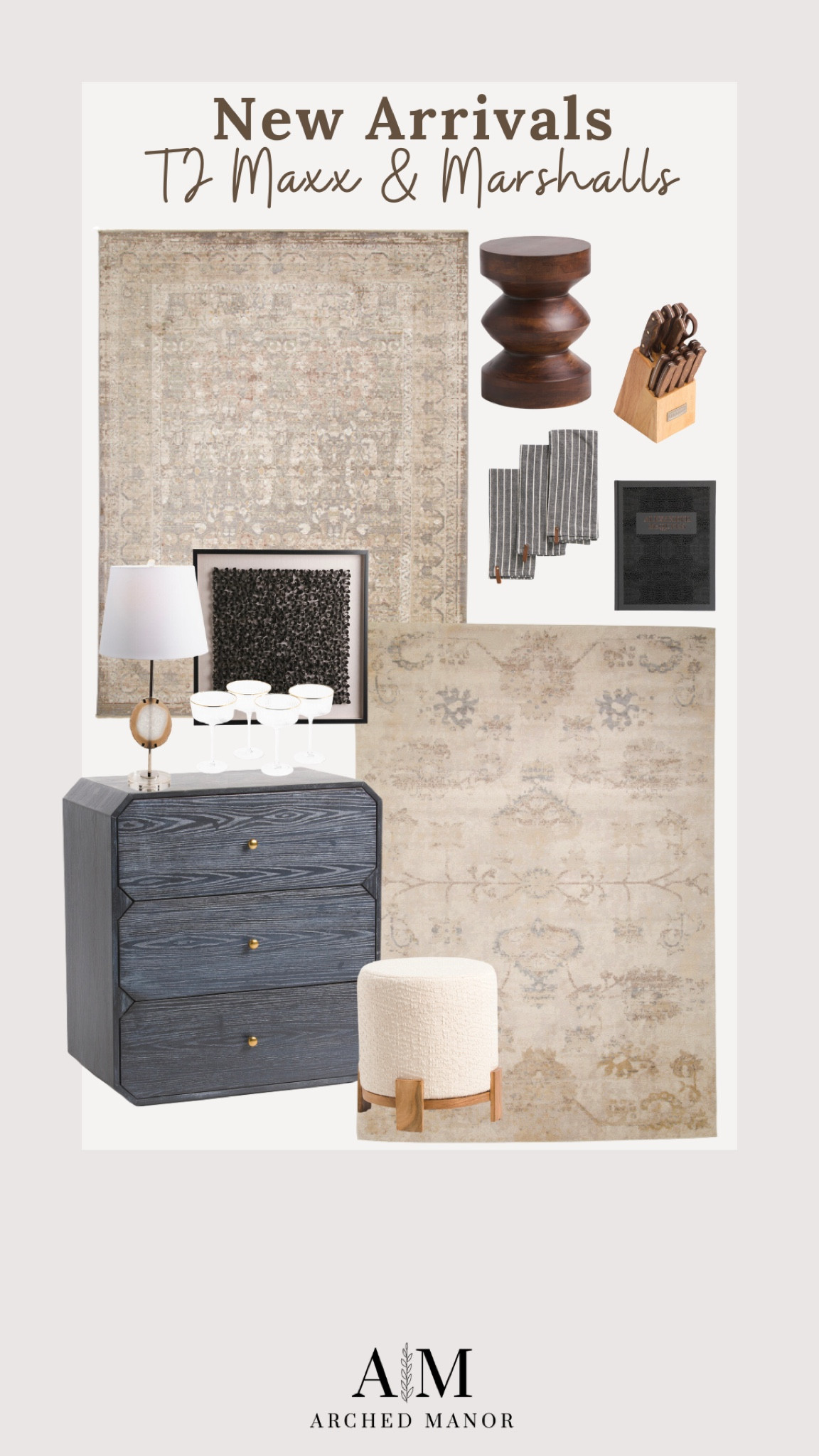 Elevate your space with these vintage area rugs, black with gold hardware side table and cream foot ottoman! Add a little table decor with this table lamp and beautiful black textured book. 

#LTKhome #LTKsalealert #LTKstyletip