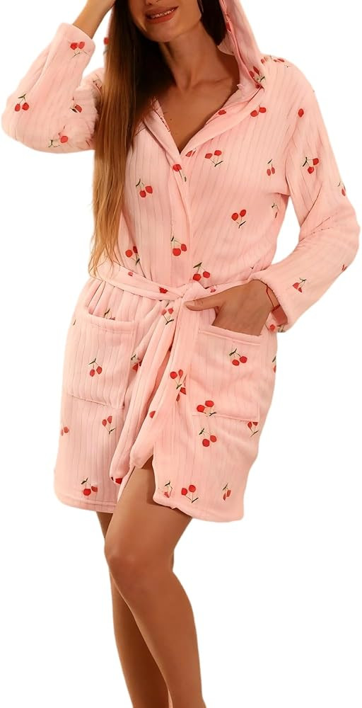 Cute Robes for Women Plush Fleece Hooded Bathrobe with Pockets Heart Star Cherry Print Cozy Valen... | Amazon (US)