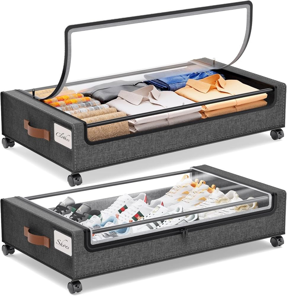Yecaye Under Bed Storage with Wheels, 2Pack Under Bed Storage Containers, Under Bed Shoe Storage ... | Amazon (US)