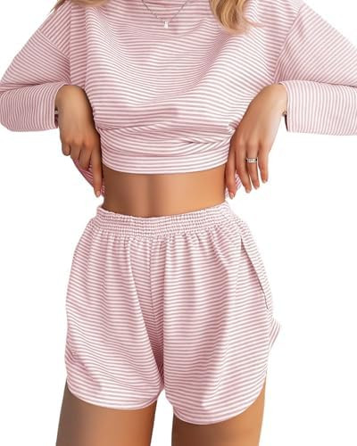 JUSTFASHIONNOW Womens Pajama Sets Striped Two Piece Lounge Sets Long Sleeve Top and Split Shorts ... | Amazon (US)