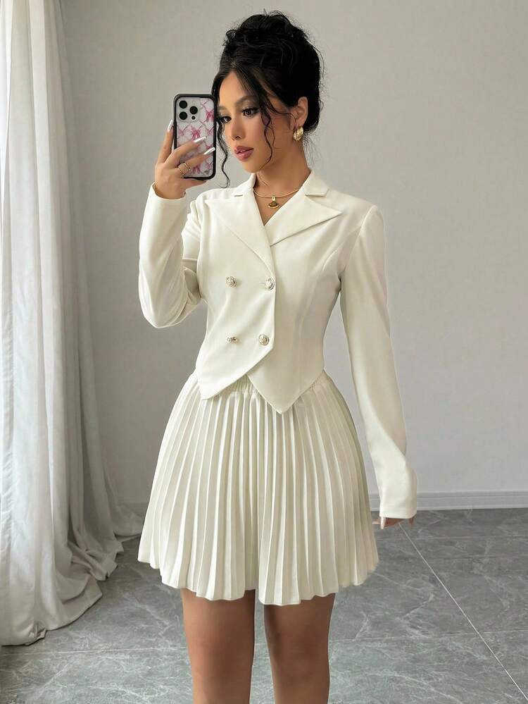 Elenzga Women's Elegant Solid Peak Collar Double Breasted Blazer And Pleated Mini Skirt Set Fall Cloth For Women | SHEIN