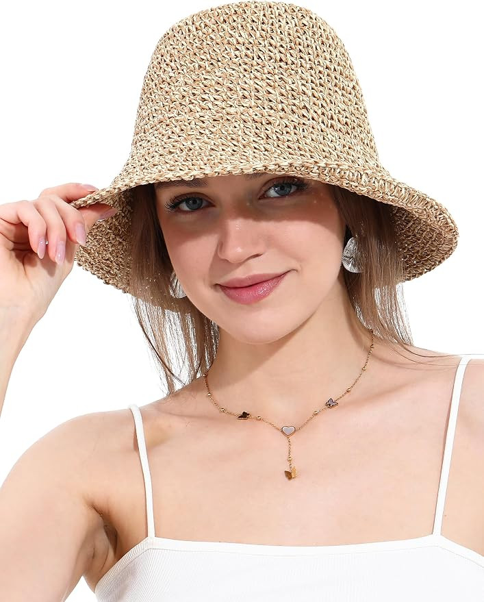 soul young Womens Straw Sun Hat Wide Brim Hand Woven Foldable Beach Bucket Hat for Summer Travel ... | Amazon (UK)