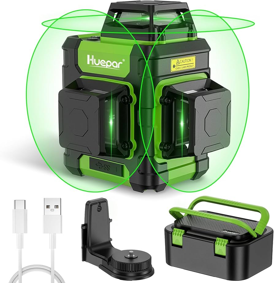 Huepar Nivel l\u00e1ser 360 autonivelante, nivelador l\u00e1ser de l\u00ednea cruzada verde recar... | Amazon (US)