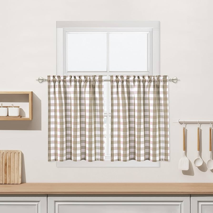 Beige Kitchen Cafe Curtains 45 Inches Length, Farmhouse Buffalo Check Pattern Short Bathroom Wind... | Amazon (US)