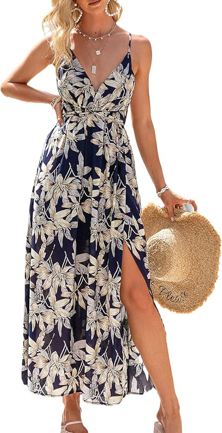 Simplee Women's Deep V Neck Backless Spaghetti Strap Floral Casual Maxi Dress | Amazon (US)