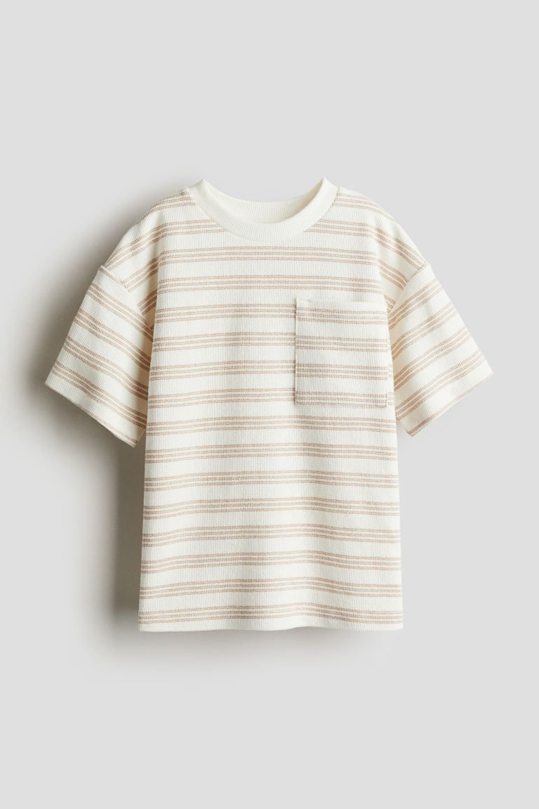 Chest-pocket T-shirt - Round Neck - Short sleeve - White/beige striped - Kids | H&M US | H&M (US + CA)