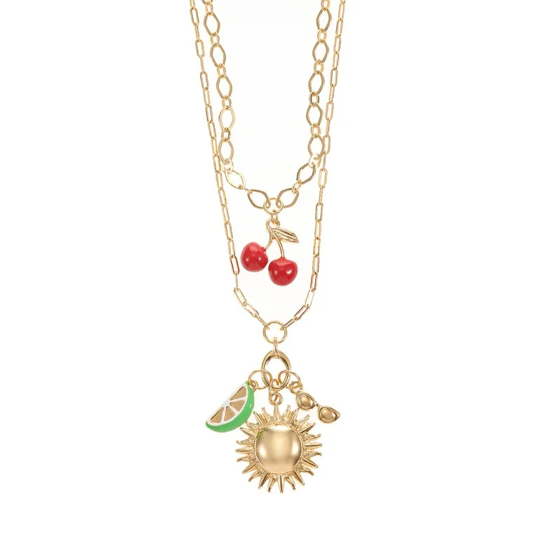 Time and Tru Cherry Charm Layered Necklace Set Goldtone | Walmart (US)