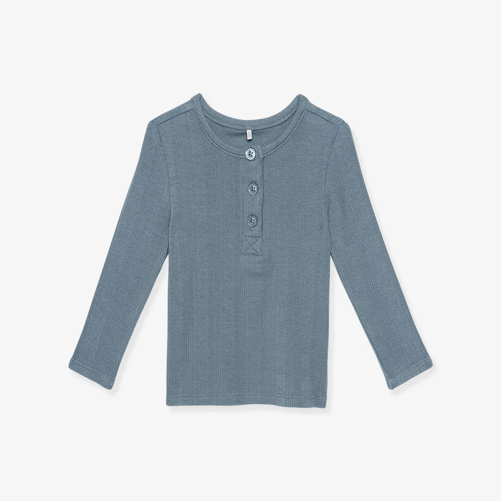 Solid Blue Long Sleeve Slate Pointelle Henley Top | Posh Peanut® | Posh Peanut