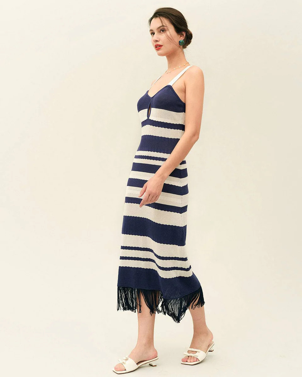 The Stripe Tassel Midi Dress & Reviews - Navy - Dresses | RIHOAS | rihoas.com