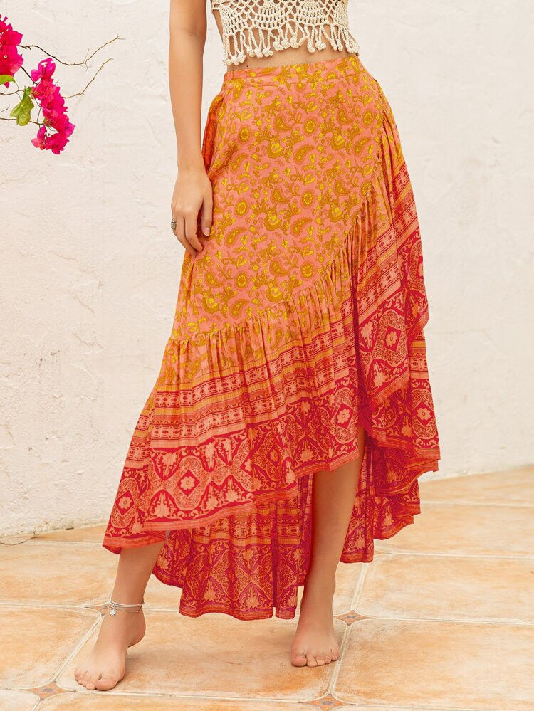 Rusttydustty High Low Flounce Hem Floral Print Skirt | SHEIN