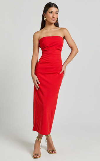 Calanthe Midi Dress - Strapless Tuck Detail Dress in Red | Showpo (US, UK & Europe)