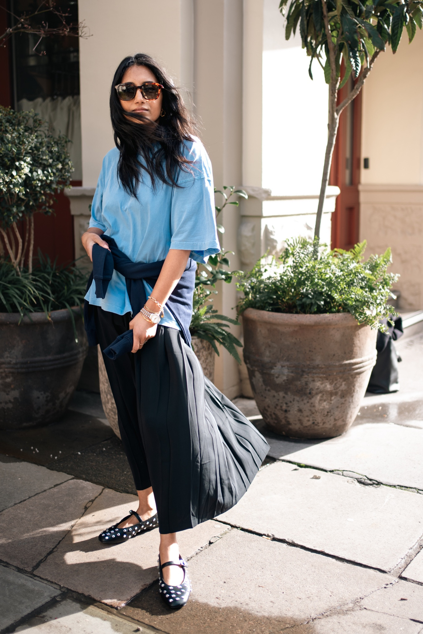 Arket, H&m, Stradivarius, Ysl, Saint laurent, Selfridges, transitional outfit, transitional style, spring outfit, spring fashion, oversized tee, maxi skirt, pleated skirt, black pleated skirt, mary jane flats, navy jumper, navy sweatshirt, studded flats, cat eye glasses, spring outfit ideas, style inspiration 

#LTKeurope #LTKstyletip #LTKSeasonal