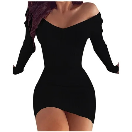 Ziloco Fashion Women s Sexy Solid V-Neck Long-sleeved Sheath Tight Mini Dress black dresses for home | Walmart (US)