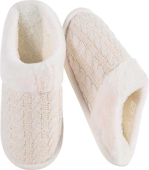 Winter Fuzzy Slippers for Women,Cozy Memory Foam House Shoes Soft Cable Knit Non-Slip Indoor Slip... | Amazon (US)