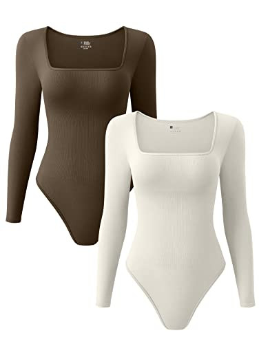 OQQ Women's 2 Piece Bodysuits Sexy Ribbed One Piece Square Neck Long Sleeve Tops Coffee Beige | Amazon (US)