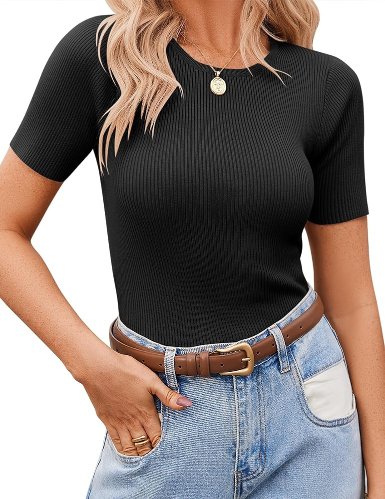 Zeagoo Women's Short Sleeve Basic Slim Fit Tops Crewneck Ribbed Knit T Shirt Cute Summer Outfits | Amazon (US)