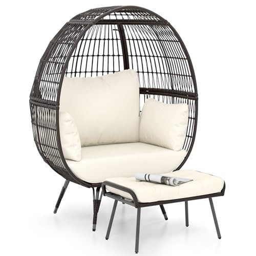 Tangkula Oversized Wicker Egg Chair with Ottoman, Patio Lounge Basket with 5 Soft Cushions, Stable Metal Frame, Gorgeous Indoor Outdoor Lounge Chair, Ideal for Living Room, Backyard, 450 LBS Max Load | Amazon (US)