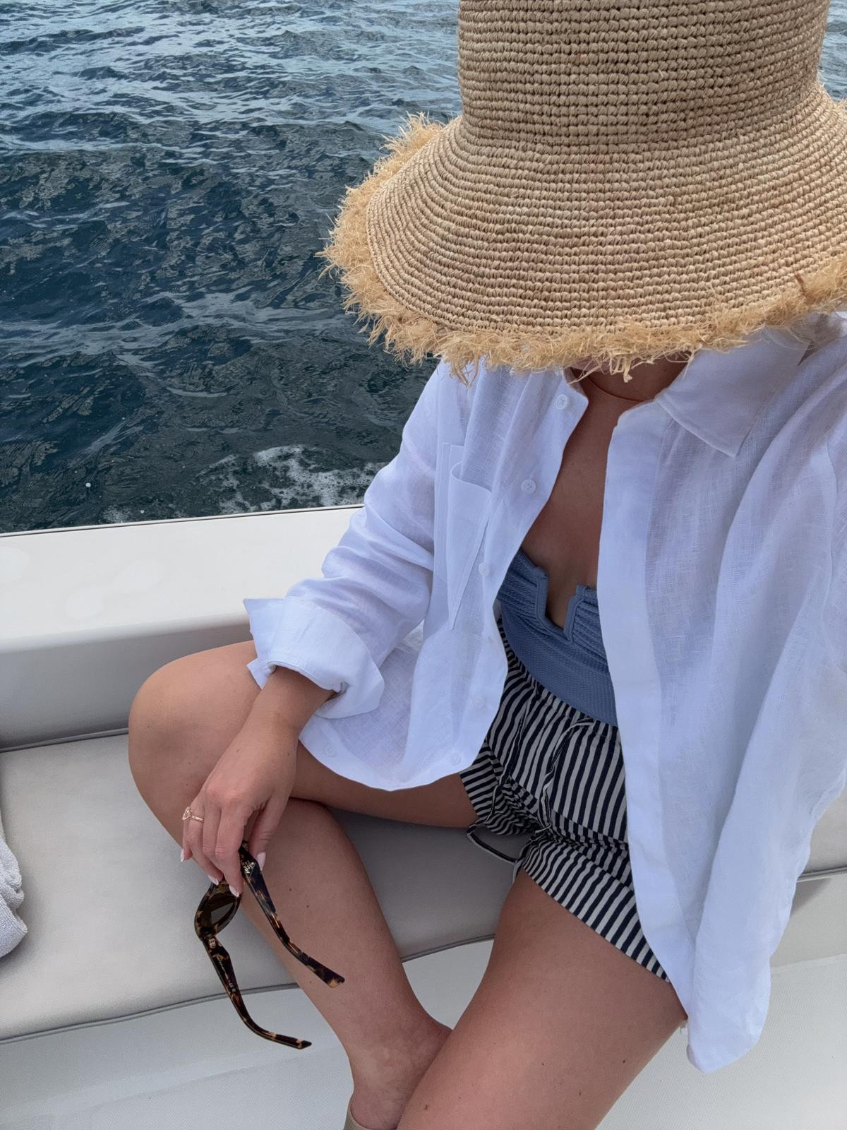 Summer holiday boat day swim outfit idea. H&M blue swimsuit, raffia sun hat & striped drawstring shorts, gold Birkenstock arizona sandals & cos white linen oversized shirt, le specs outta love tort sunglasses 

#LTKuk #LTKstyletip #LTKsummer