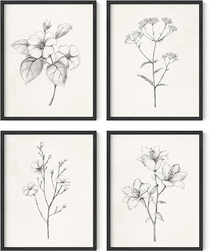 HAUS AND HUES Grey Floral Wall Art - Set of 4 Plant Posters for Wall Vintage, Botanical Prints, B... | Amazon (US)