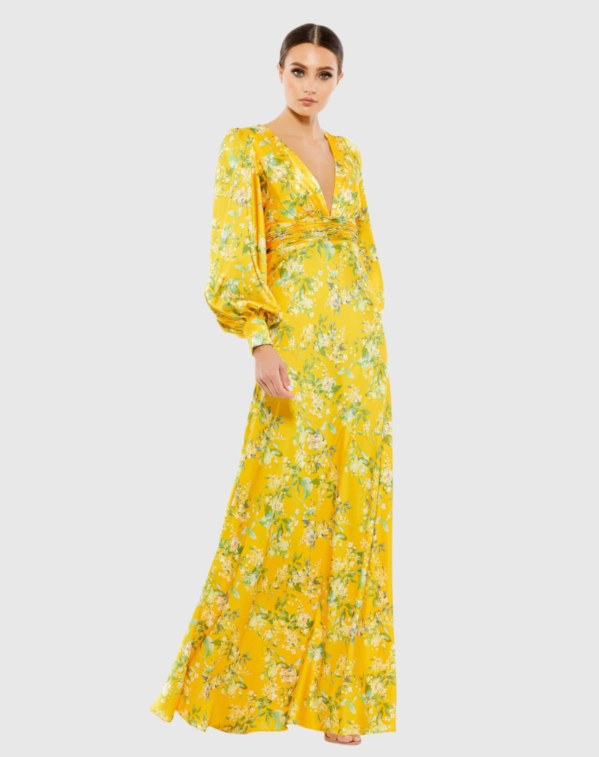 Floral Bishop Long Sleeve V Neck Gown | Mac Duggal