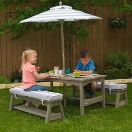 Outdoor Table & Bench Set with Cushions & Umbrella - Gray & White Stripes | KidKraft