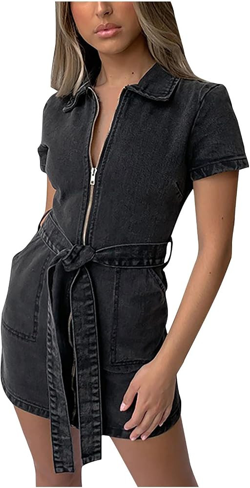Women Mini Denim Dresses Summer Casual Shirt Dress Fashion Zipper Lapel Short Sleeves Slim Bodyco... | Amazon (US)