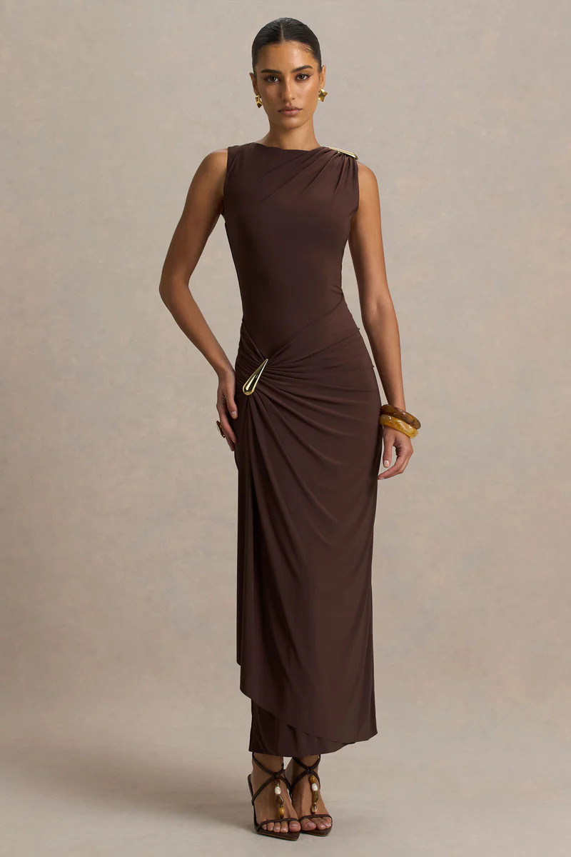 Fiora  Brown High-Neck Maxi Dress With Metal Detail | Club L London