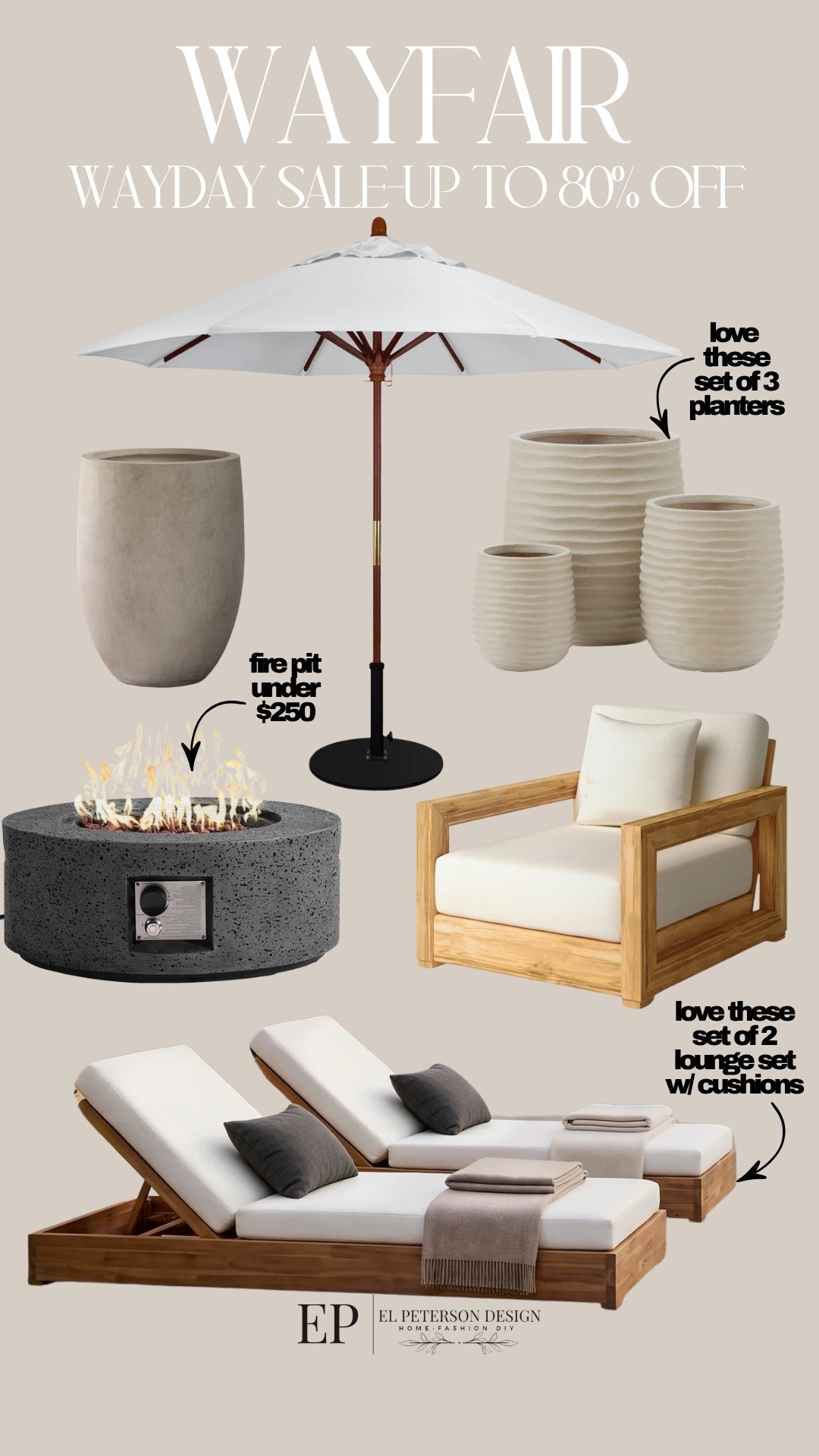 Wayfair Wayday Sale
Planters
Outdoor umbrella
Outdoor chair
Loungers 
Fire pit 

#LTKSaleAlert #LTKHome