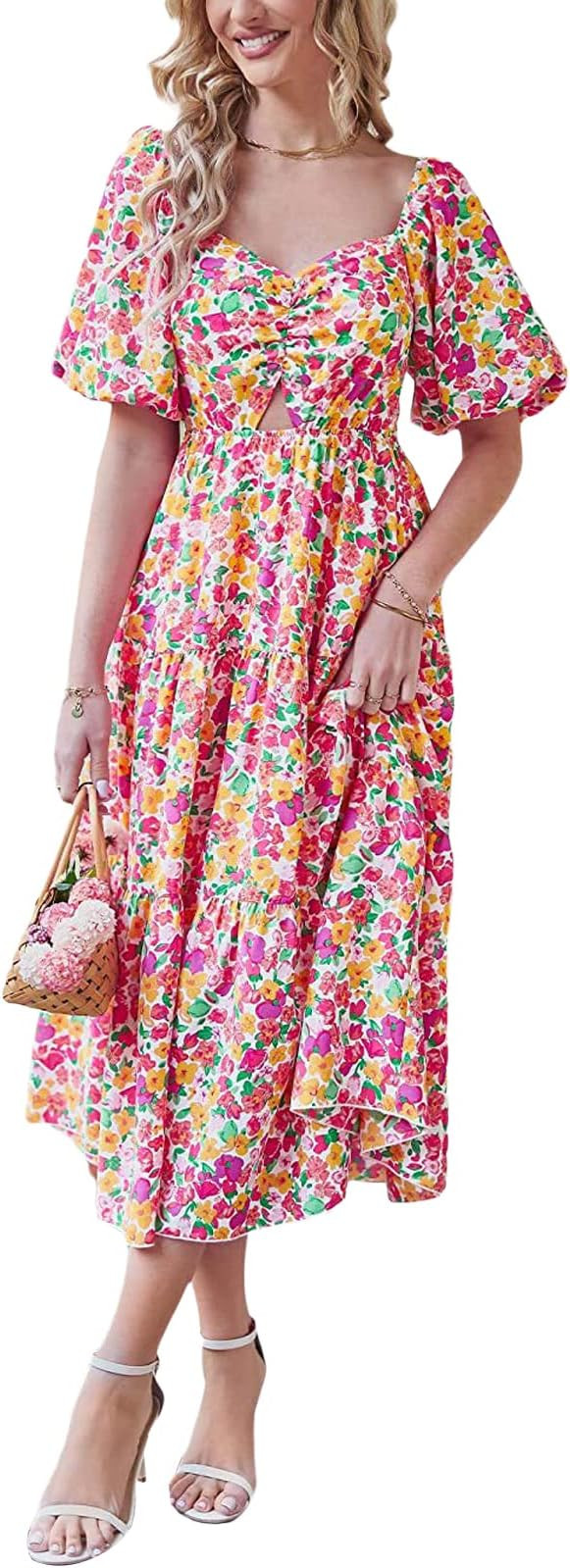 Women Boho Floral Dresses Casual Flowy Beach Maxi Dress Short Sleeve V Neck Tie Up Long Dress Sum... | Amazon (US)