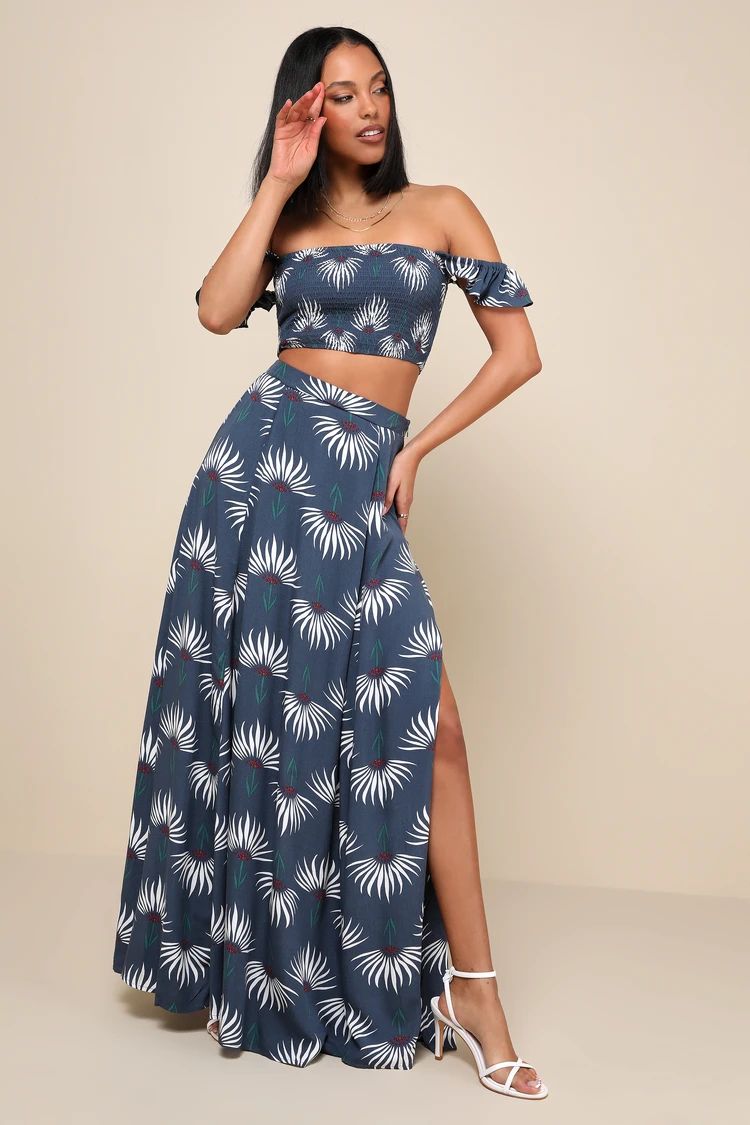 Trancoso Dusty Blue Floral Print Two-Piece Maxi Dress | Lulus