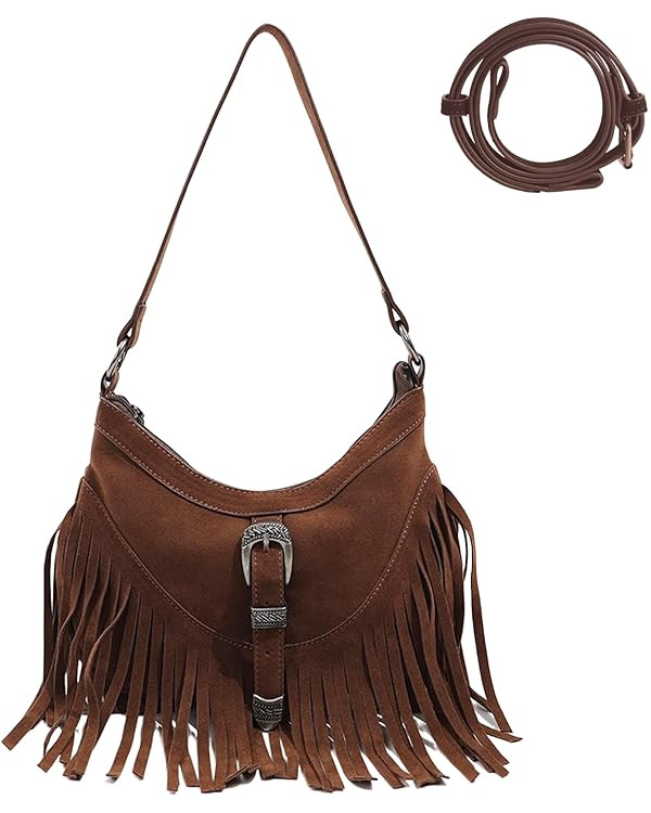 Fringe Hobo Purse for Women,Western Small Fringed Shoulder Bag Vegan Suede Hippie Crossbody Bag w... | Amazon (US)
