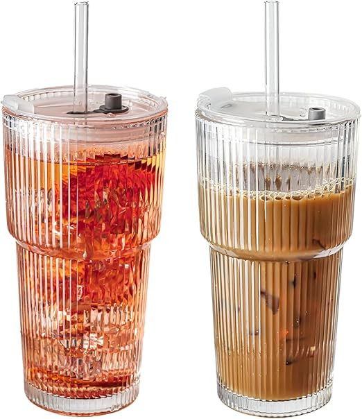 20oz Ribbed Glass Tumblers with Lids & Straws, Ideal for Iced Coffee, Cocktails & More - Includes... | Amazon (US)